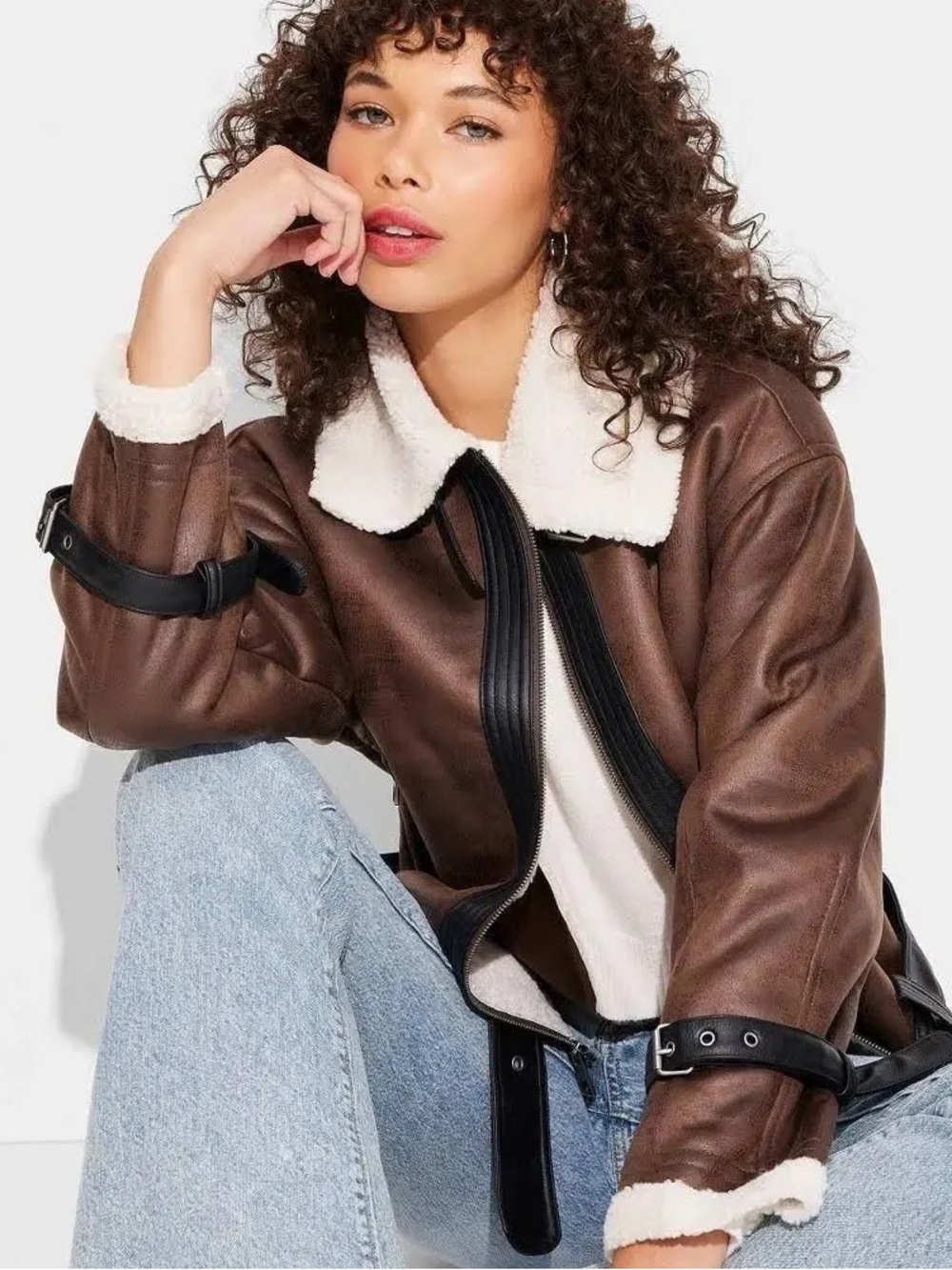 wild fable Brown Faux Leather Aviator Jacket with Cream Shearling Collar